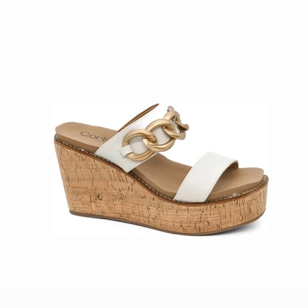 Corkys White and Gold Wedge Sandals